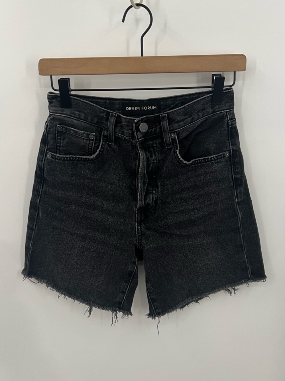 Denim Forum the Yoko mid thigh black high-rise raw hem Denim shorts